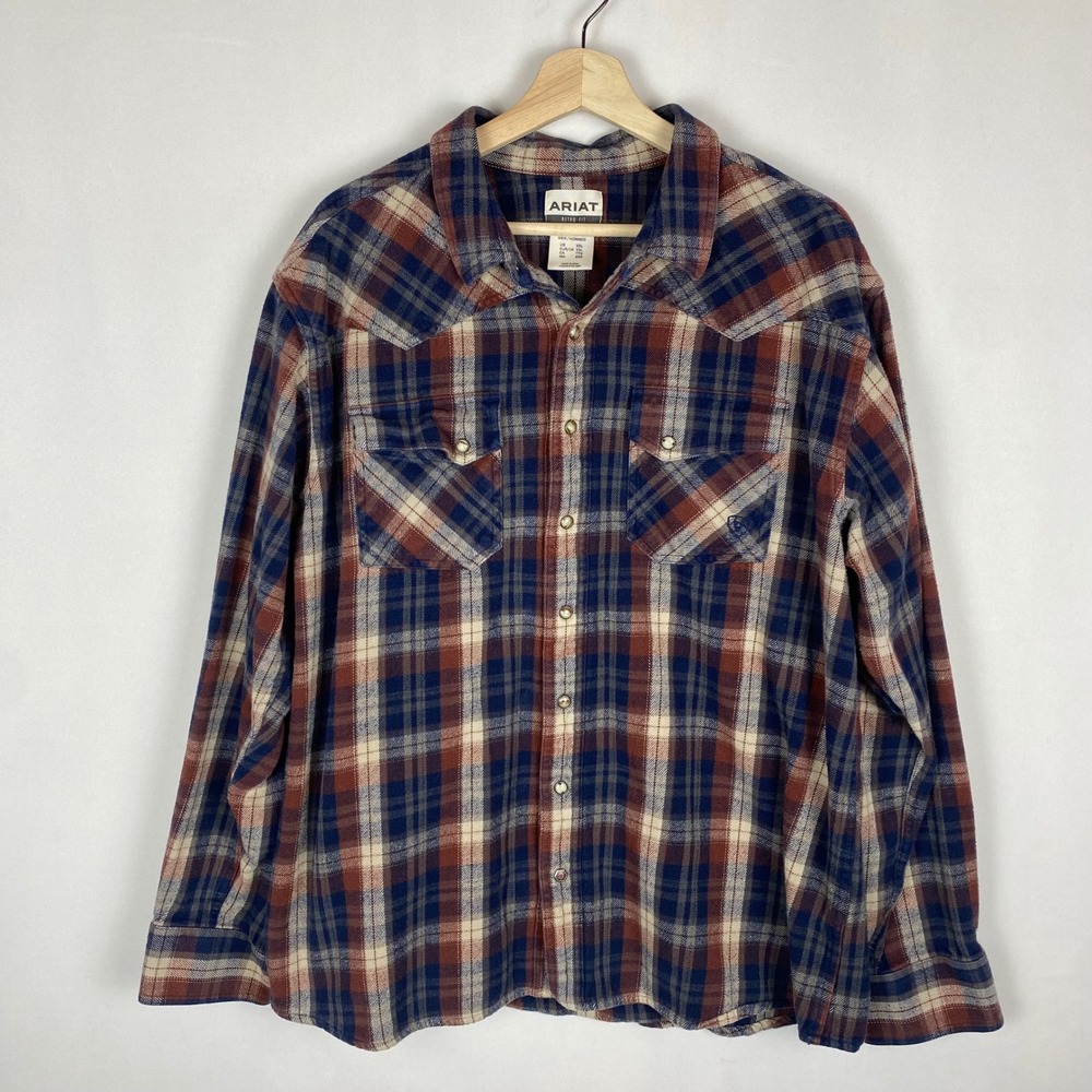 Ariat Mens Retro Fit Plaid Pearl Snap Western Shirt XXL Blue‎ Rust Long Sleeve